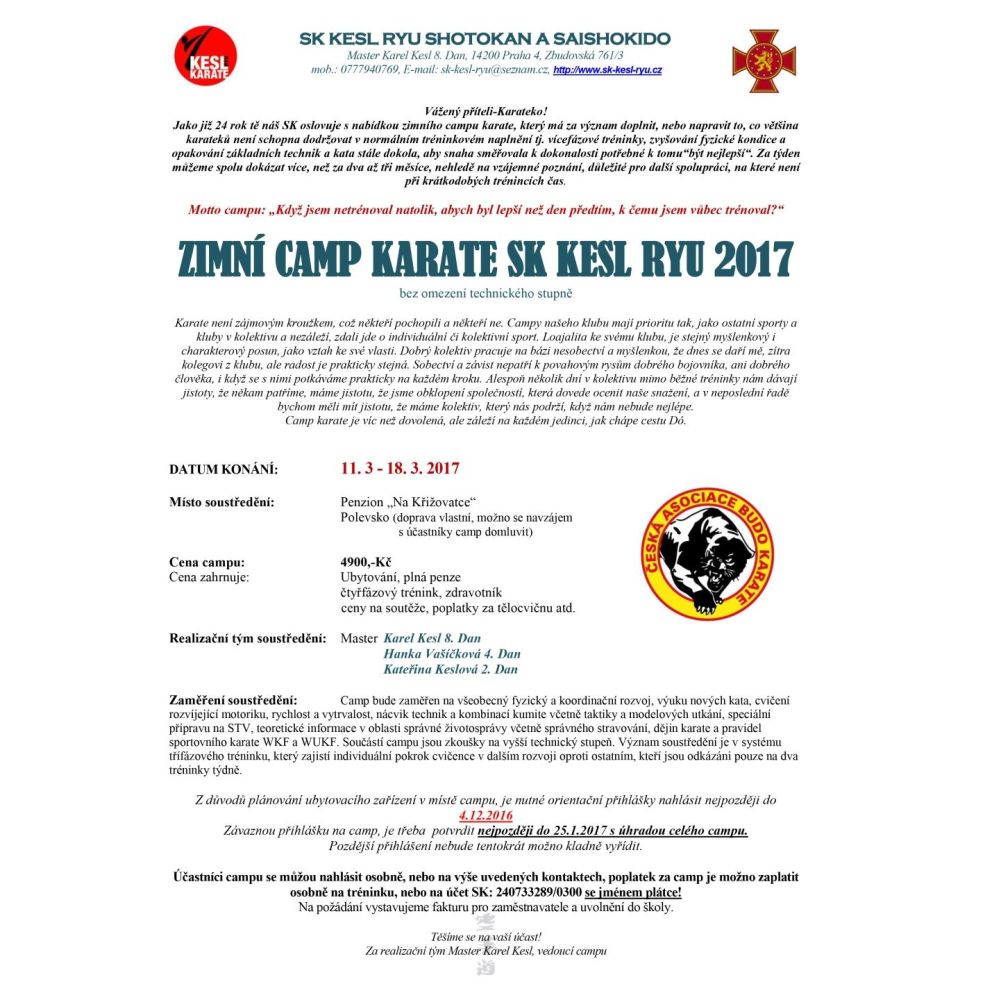 ZIMNÍ CAMP KARATE A SAISHOKIDO 2017