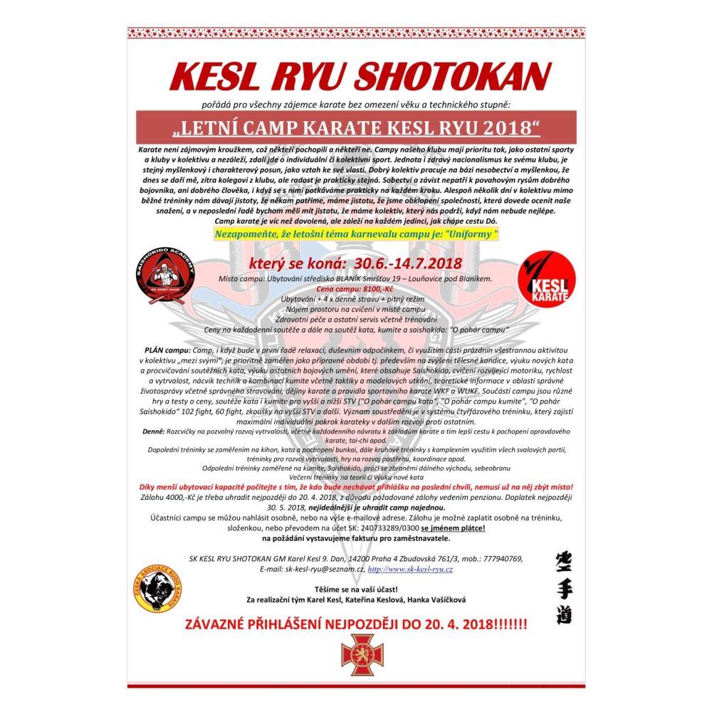 LETNÍ CAMP KARATE A SAISHOKIDO 2018