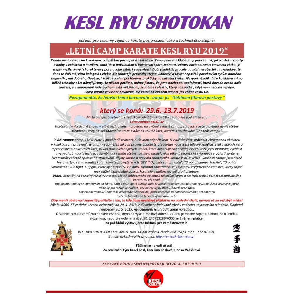 LETNÍ CAMP KARATE A SAISHOKIDO 2019