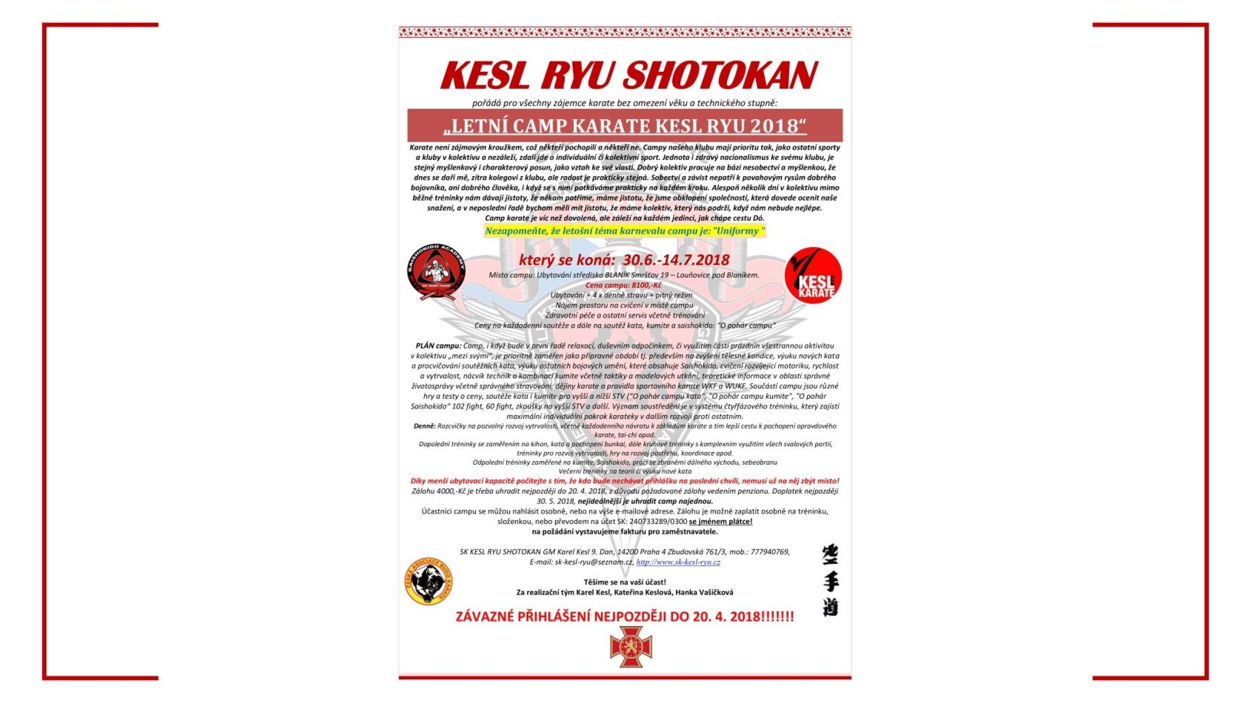 LETNÍ CAMP KARATE A SAISHOKIDO 2018