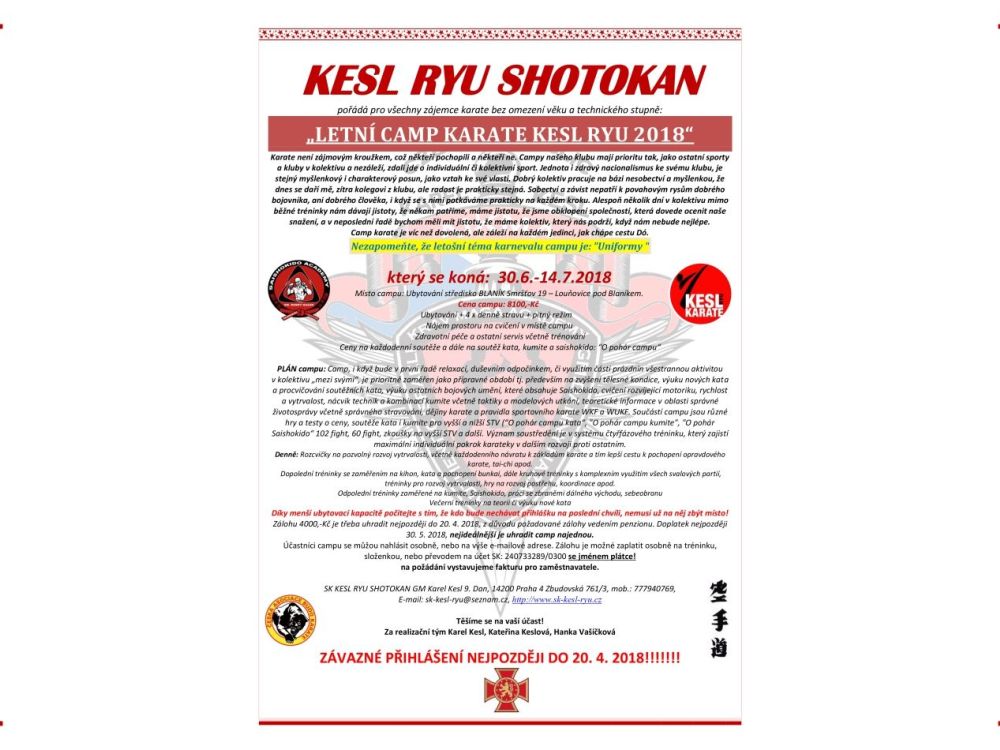 LETNÍ CAMP KARATE A SAISHOKIDO 2018