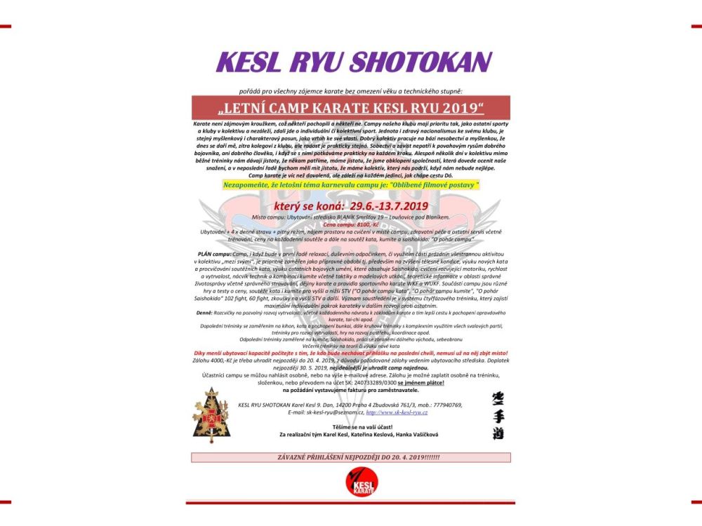 LETNÍ CAMP KARATE A SAISHOKIDO 2019